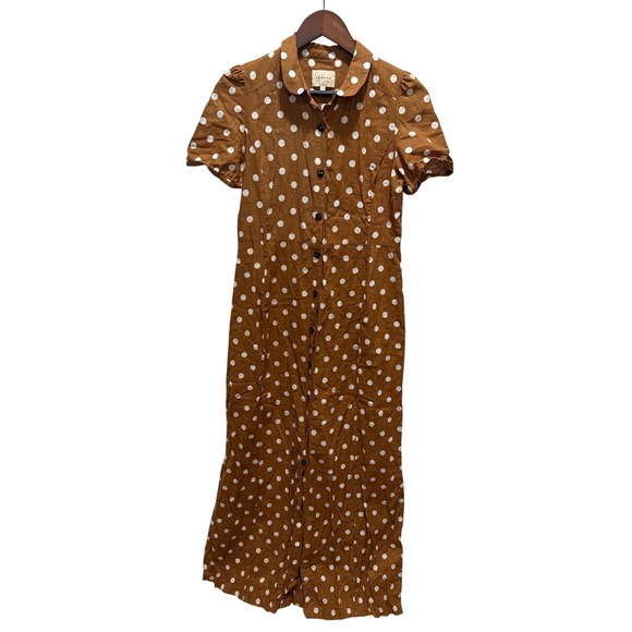 Sezane Dresses & Skirts - Sezane Polka Dot Linen Maxi Dress Brown White Button Front Short Sleeve Size 36